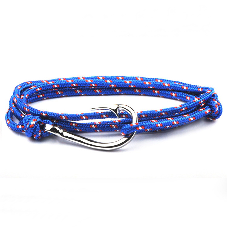 Nautical rope bracelet with stainless steel fish hook clasp in blue and orange.
