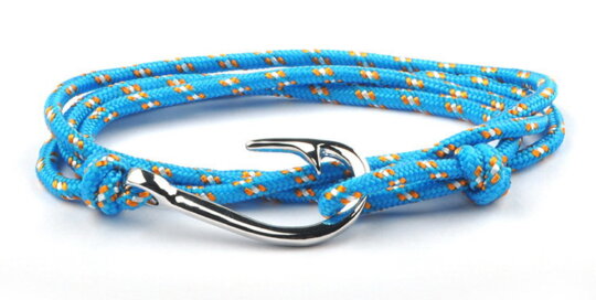 Nautical rope bracelet with stainless steel fish hook clasp in blue and orange.