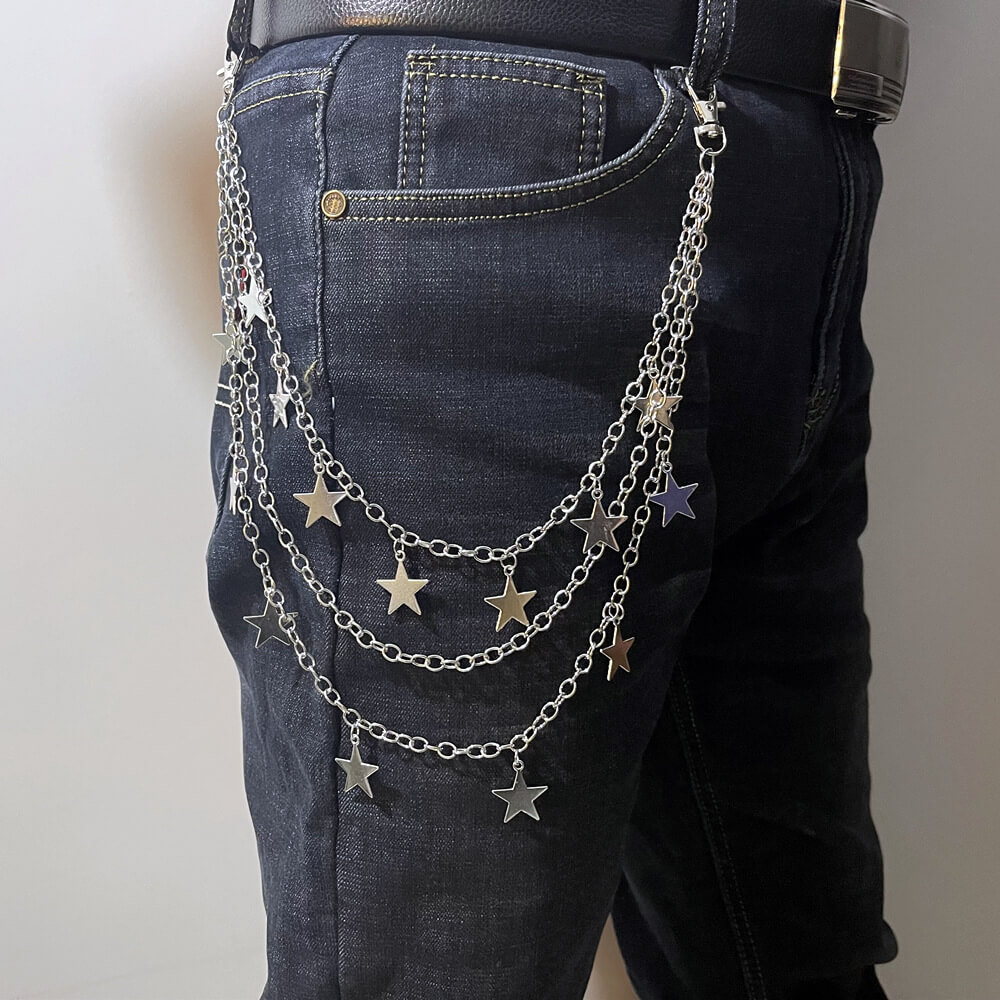 Pentagram Pendant Trouser Chain with Silver Star Charms – 3-Layer Waist Body Chain Jewelry