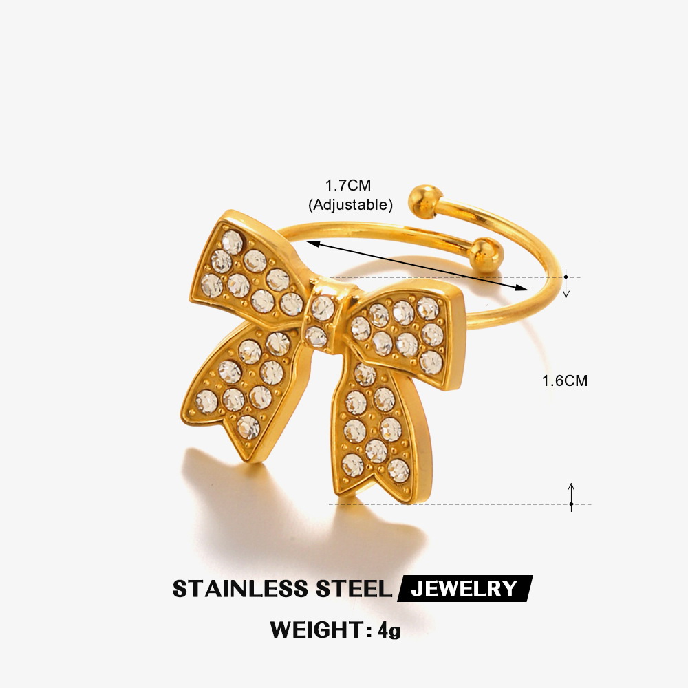 Adjustable gold stainless steel bow ring with rhinestones for women, wholesale fashion jewelry