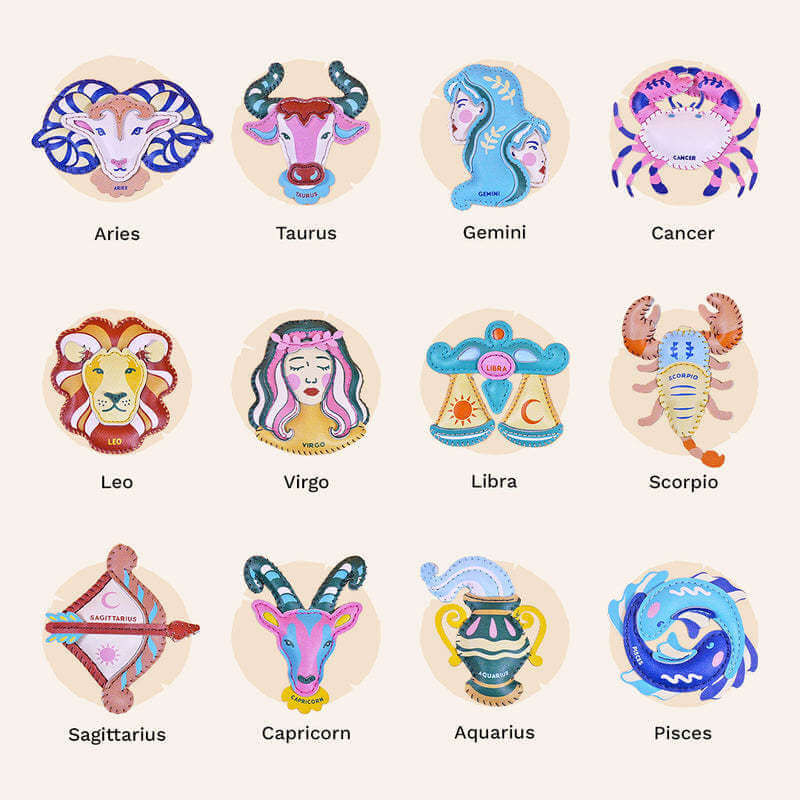 PU leather zodiac signs bag charm keychain for astrology lovers