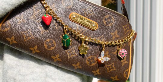 Stainless steel bag charm bracelet with strawberry, flower, and dinosaur pendants
