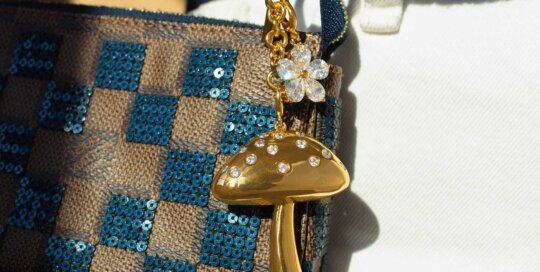 Gold Mushroom and Crystal Flower Bag Charm Keychain for Handbags