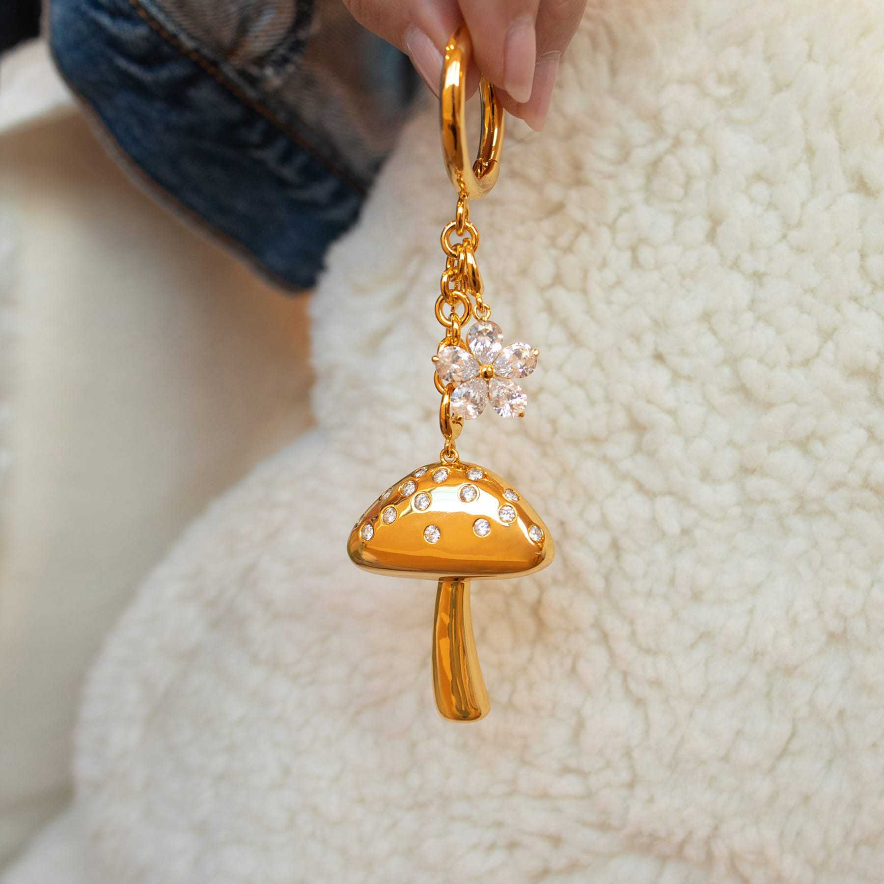Gold Mushroom and Crystal Flower Bag Charm Keychain for Handbags
