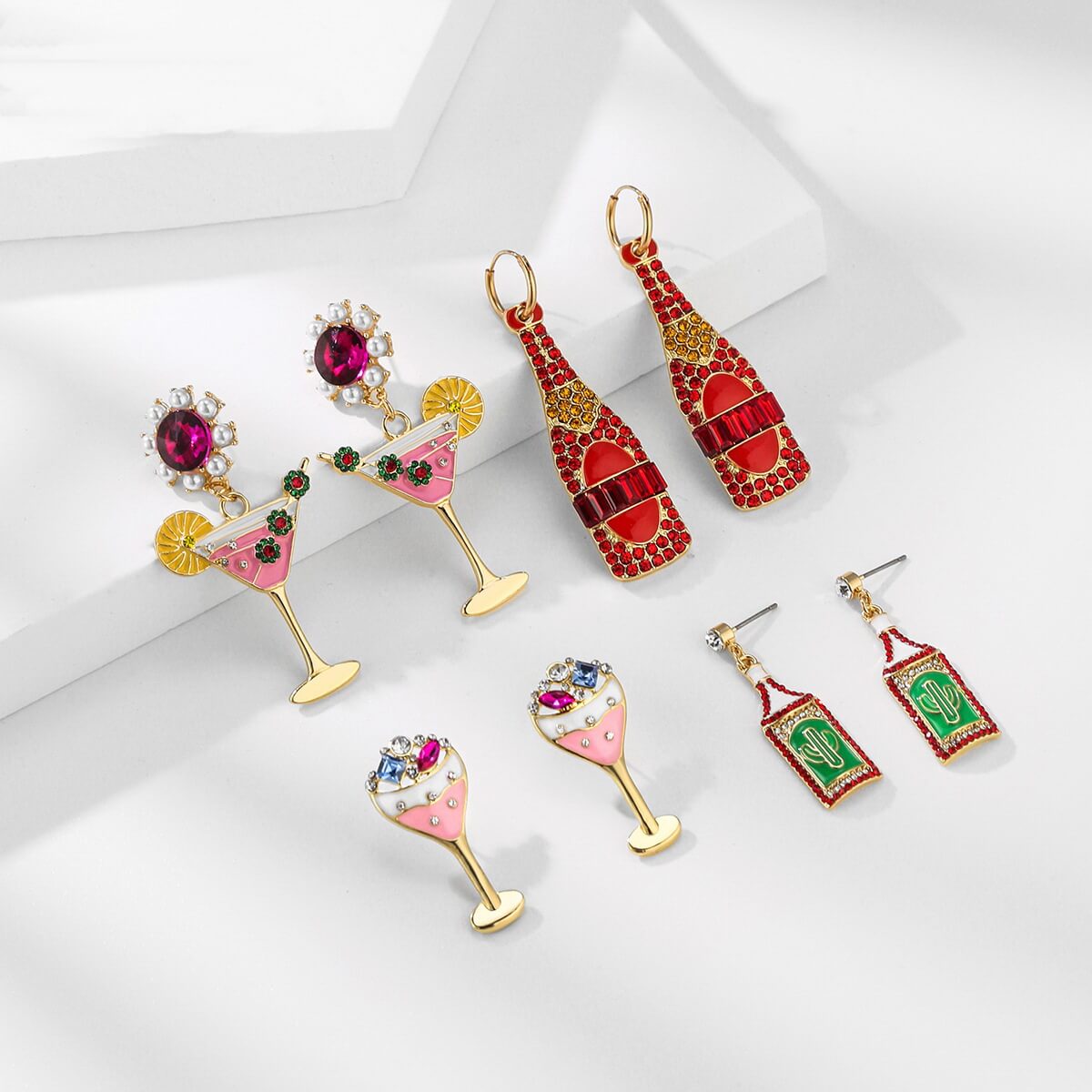 Wholesale cocktail glass earrings with rhinestones and pearls – fun statement jewelry