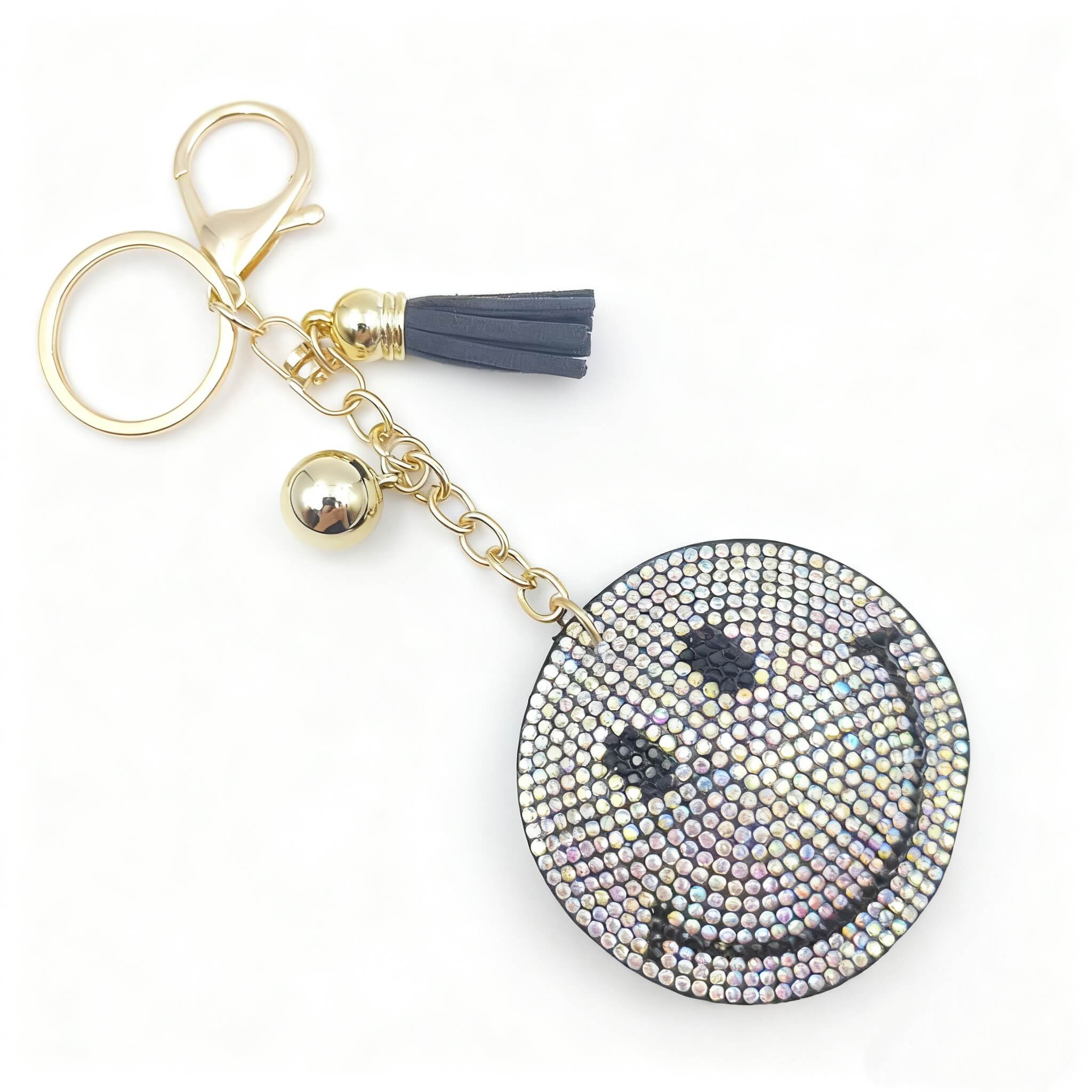 Smiley face rhinestone keychain with tassel and gold chain