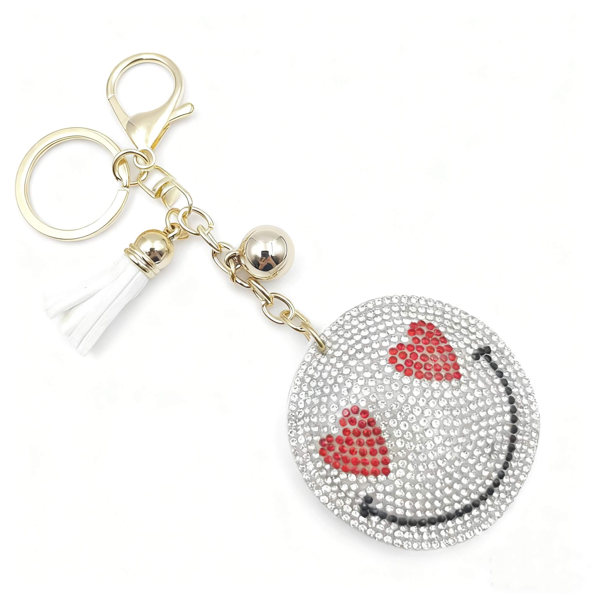 Smiley face rhinestone keychain with tassel and gold chain