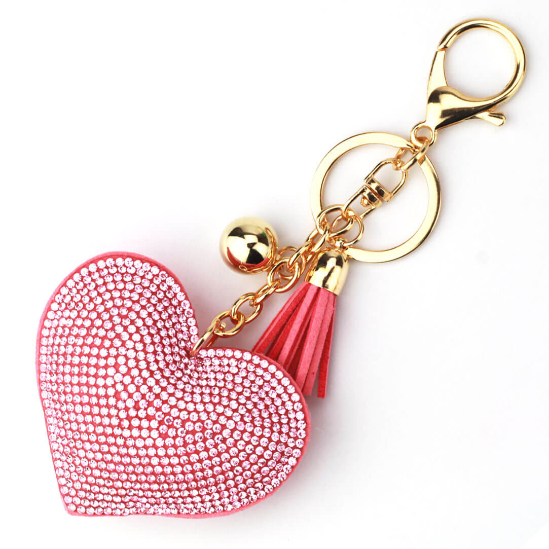Heart rhinestone keychain with tassel and gold chain