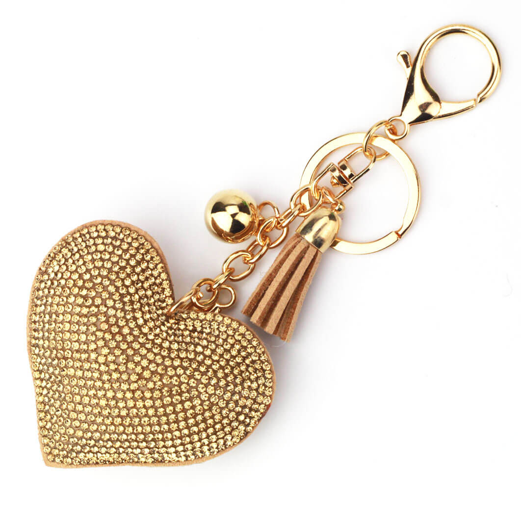 Heart rhinestone keychain with tassel and gold chain