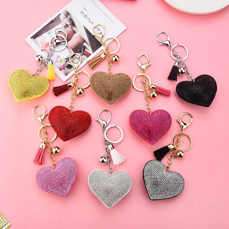 Heart rhinestone keychain with tassel and gold chain
