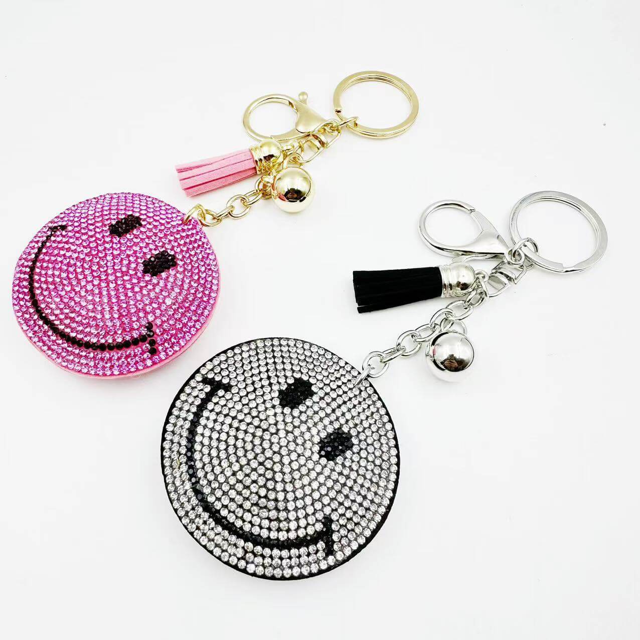 Smiley face rhinestone keychain with tassel and gold chain