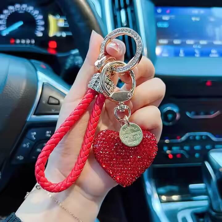 Rhinestone heart keychain with red braided strap and gold hardware – fashion bag charm