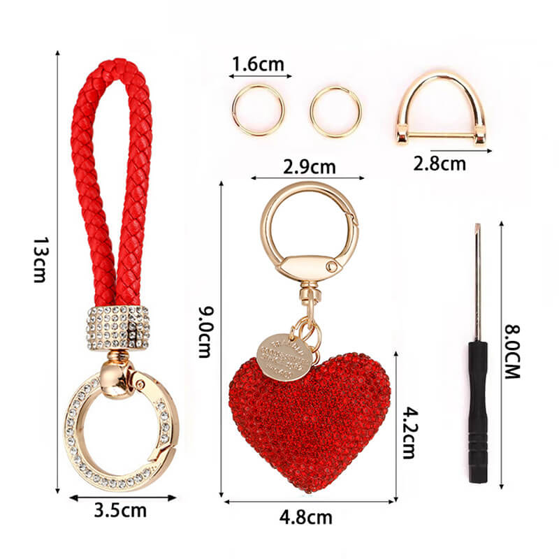 Rhinestone heart keychain with red braided strap and gold hardware – fashion bag charm