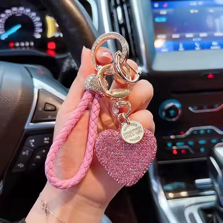 Rhinestone heart keychain with red braided strap and gold hardware – fashion bag charm