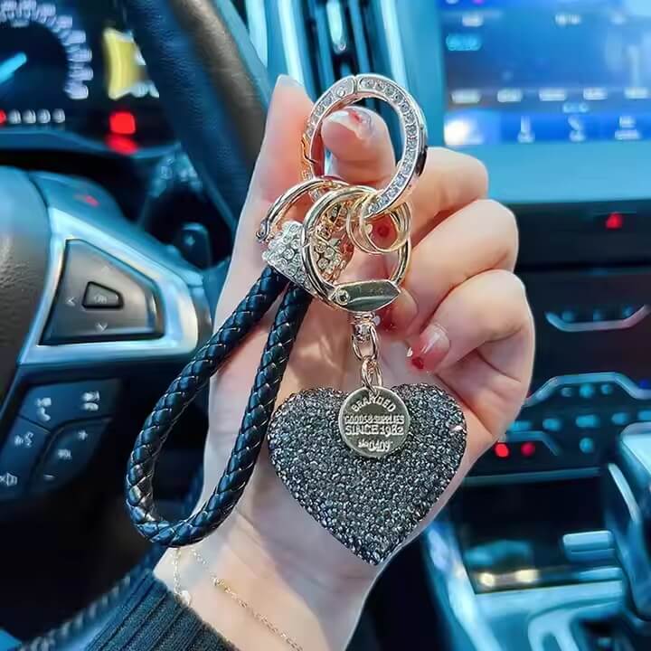 Rhinestone heart keychain with red braided strap and gold hardware – fashion bag charm