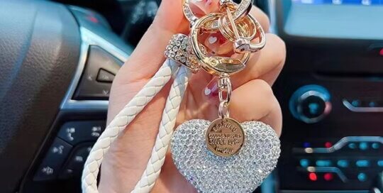 Rhinestone heart keychain with red braided strap and gold hardware – fashion bag charm