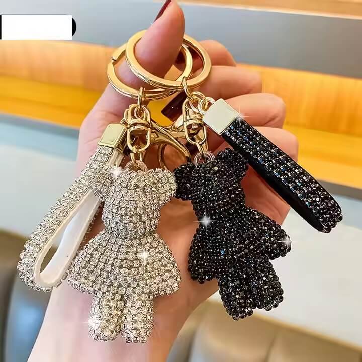 Rhinestone teddy bear keychain with wrist strap – sparkly bag charm accessory