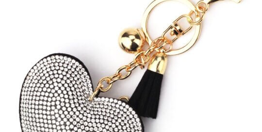 Heart rhinestone keychain with tassel and gold chain