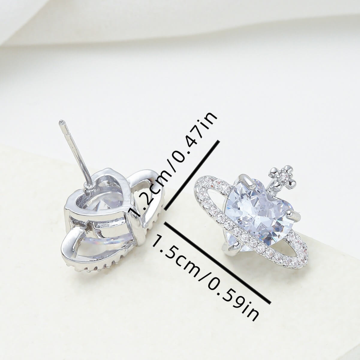 Heart planet cubic zirconia satellite stud earrings in silver – hypoallergenic wholesale jewelry