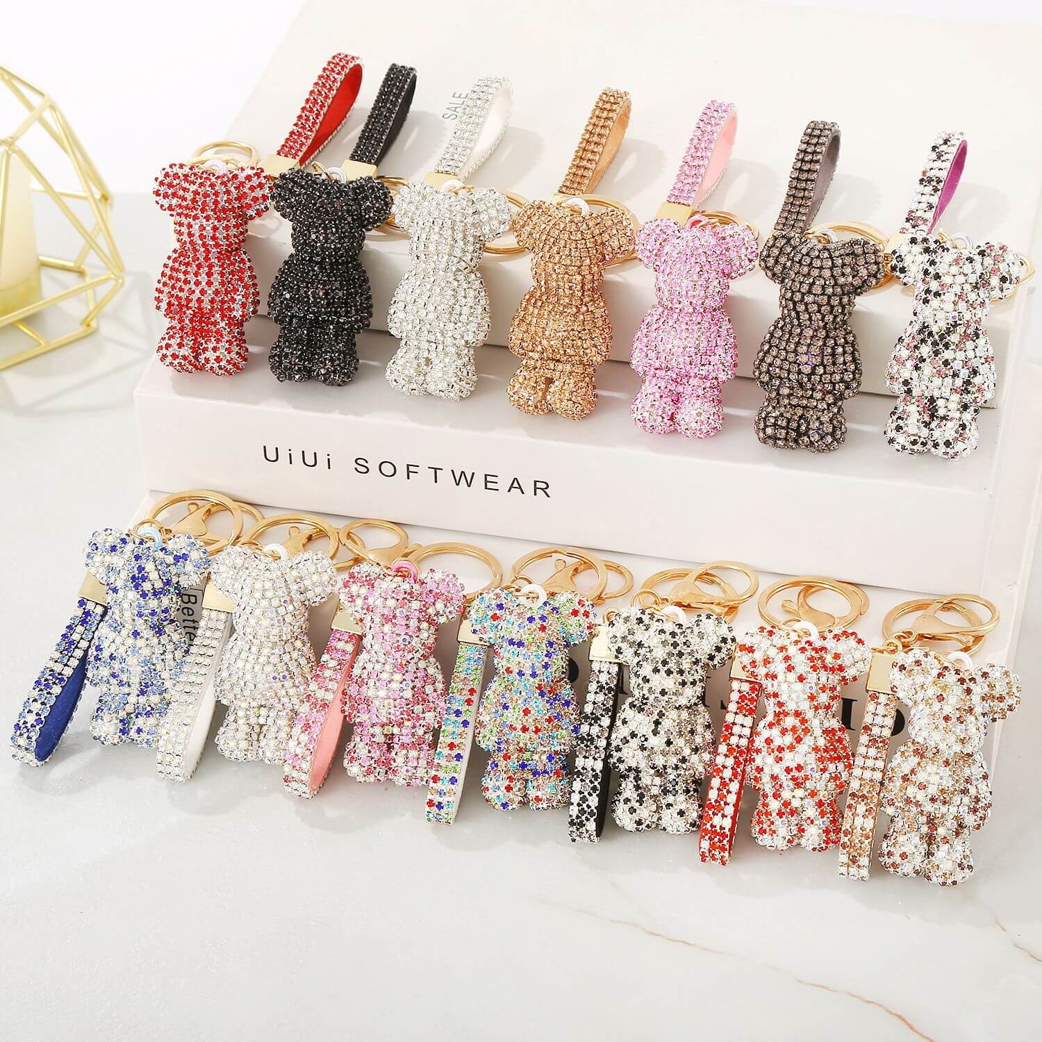 Rhinestone teddy bear keychain with wrist strap – sparkly bag charm accessory