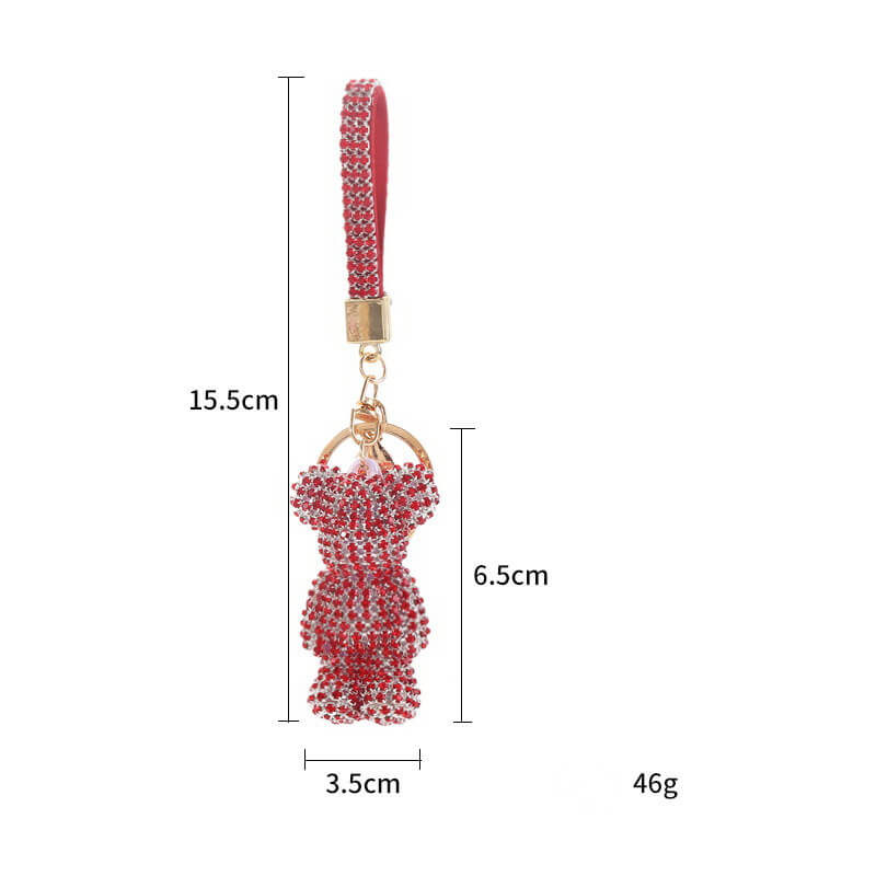 Rhinestone teddy bear keychain with wrist strap – sparkly bag charm accessory