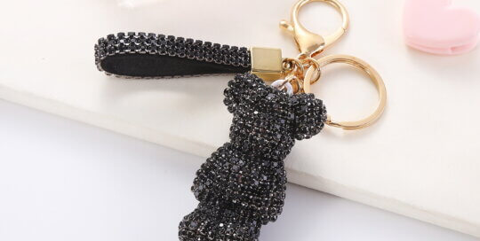 Rhinestone teddy bear keychain with wrist strap – sparkly bag charm accessory