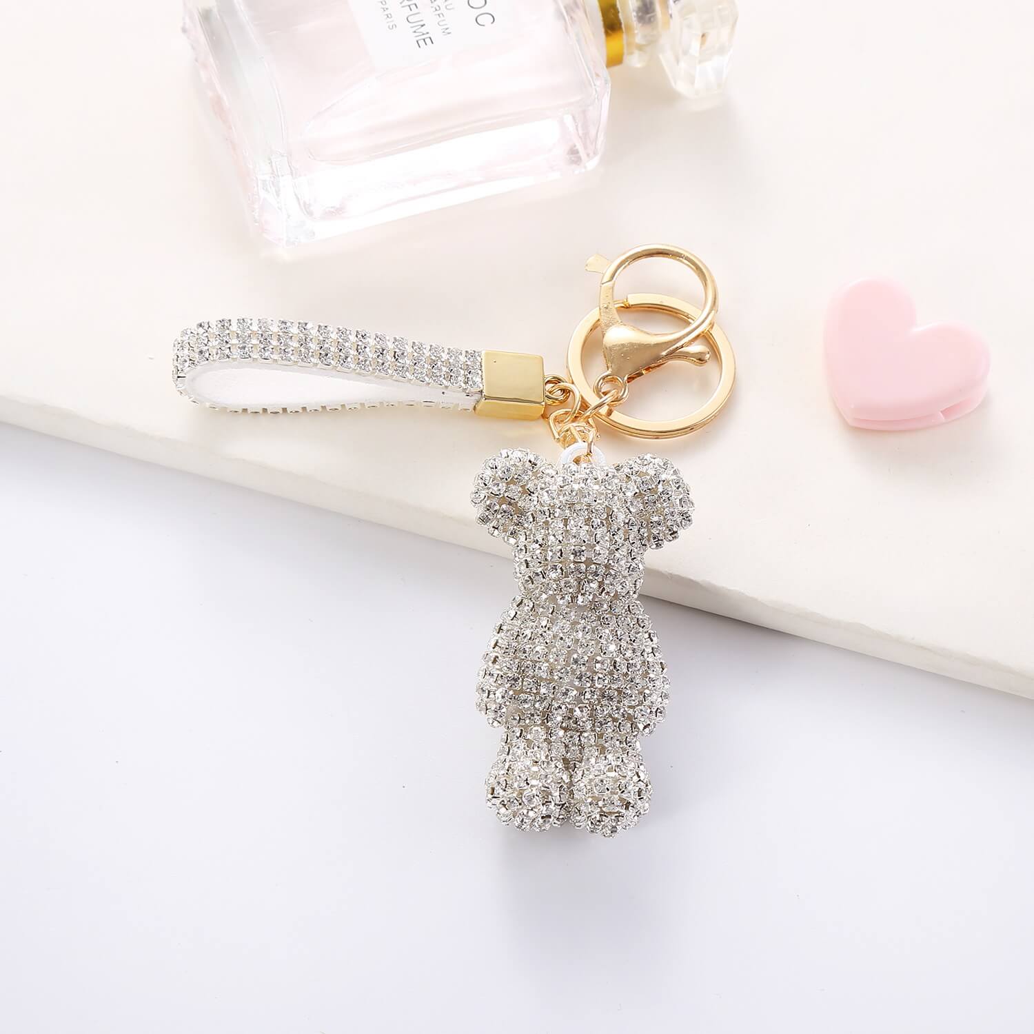 Rhinestone teddy bear keychain with wrist strap – sparkly bag charm accessory