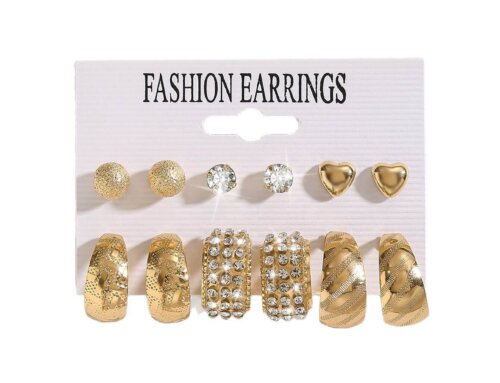 Gold Hoop and Stud Earrings Set – 6 Pairs Crystal & Heart Earrings for Women