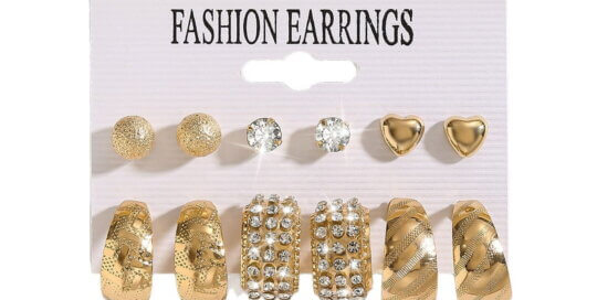Gold hoop and stud earrings set with crystal and heart designs