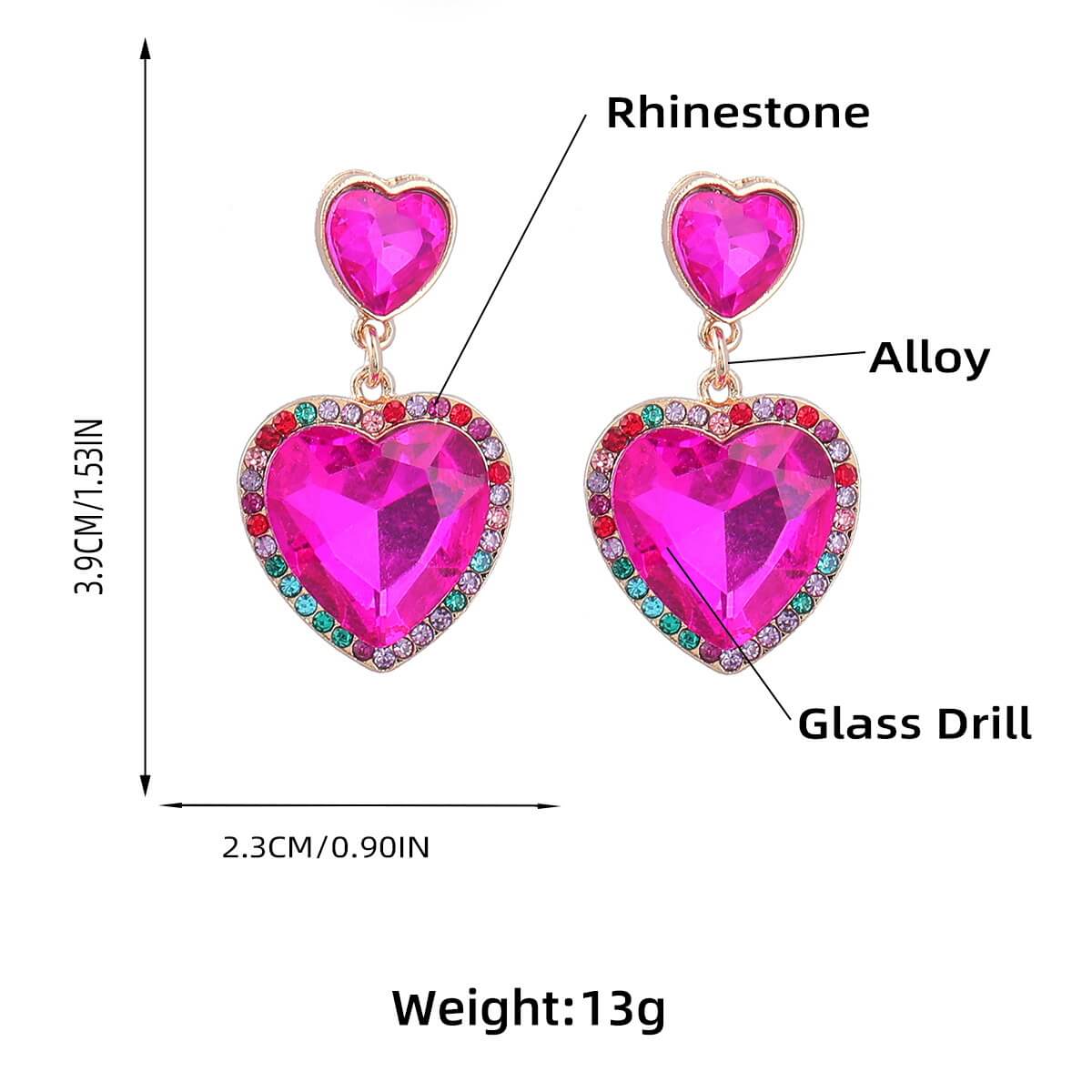 Pink heart rhinestone dangle earrings with colorful crystals and gold alloy base