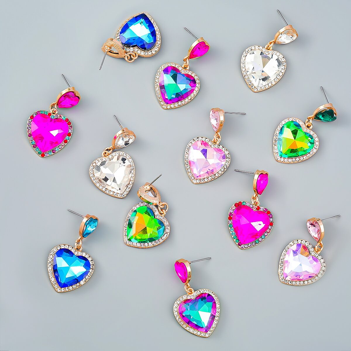 Pink heart rhinestone dangle earrings with colorful crystals and gold alloy base