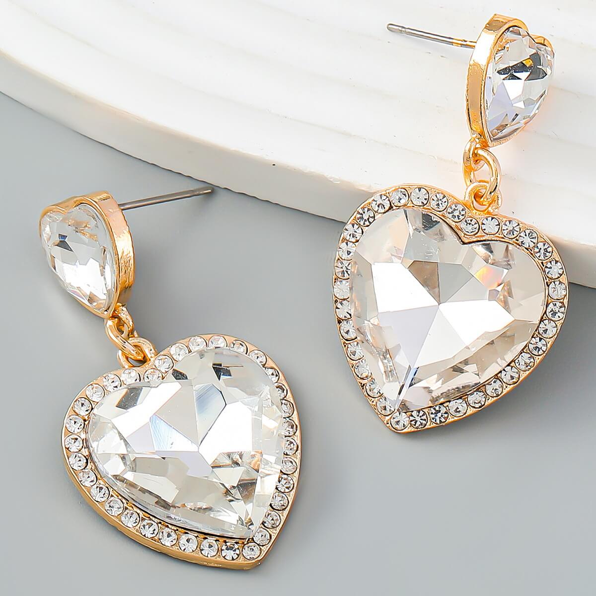Pink heart rhinestone dangle earrings with colorful crystals and gold alloy base