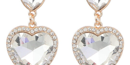 Pink heart rhinestone dangle earrings with colorful crystals and gold alloy base