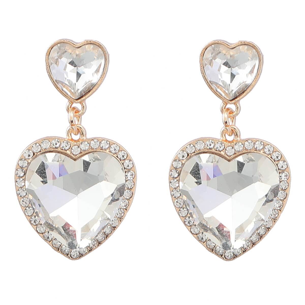 Pink heart rhinestone dangle earrings with colorful crystals and gold alloy base