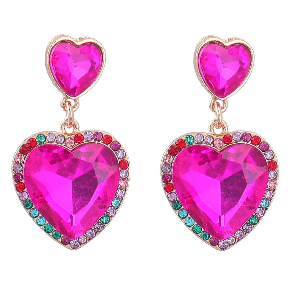 Pink heart rhinestone dangle earrings with colorful crystals and gold alloy base