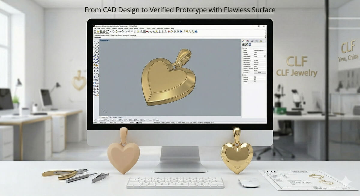 Custom geometric heart pendant CAD design with flawless surface and a resin prototype, showing strategic small batch OEM/ODM manufacturing in 2026。