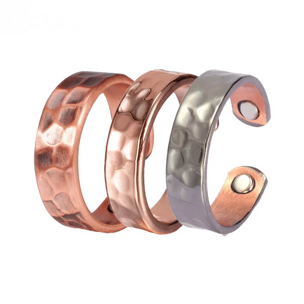 Hammered pure copper magnetic ring for arthritis relief adjustable cuff