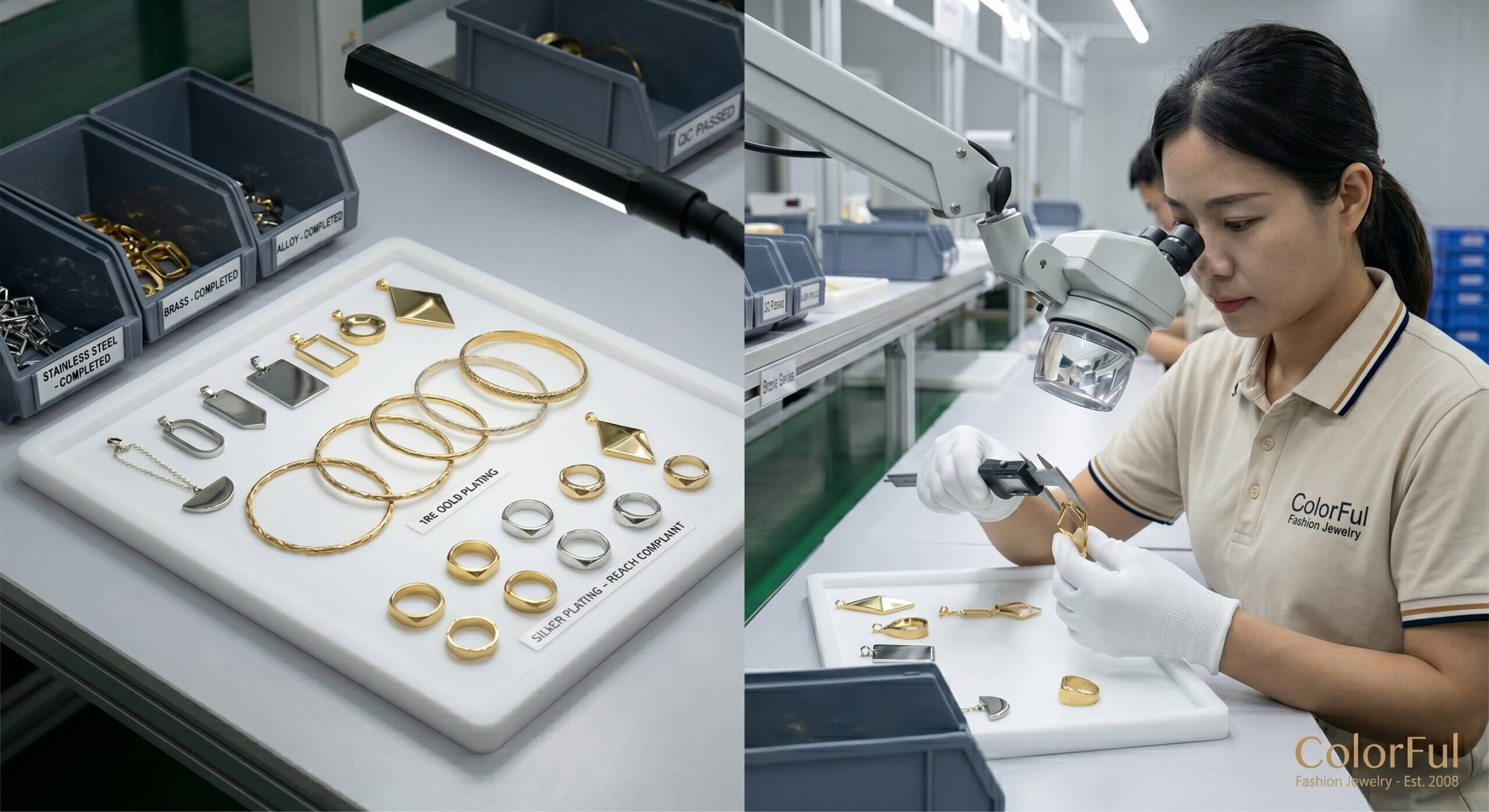 ColorFul Fashion Jewelry factory QC station: Inspecting custom stainless steel and alloy pendants with a digital micrometer.
